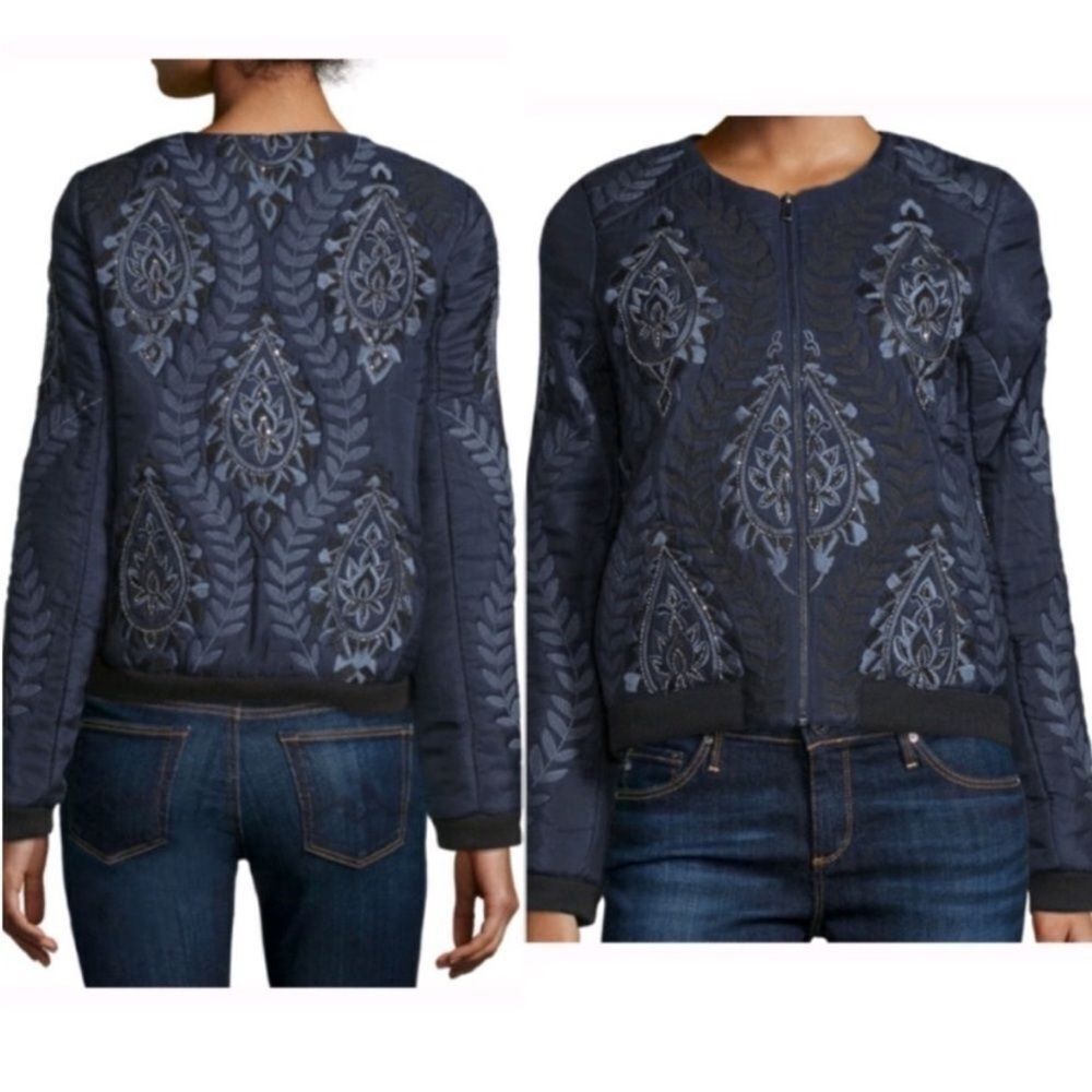 Parker Navy Blue Embroidered/all beaded Bomber Jacket, L